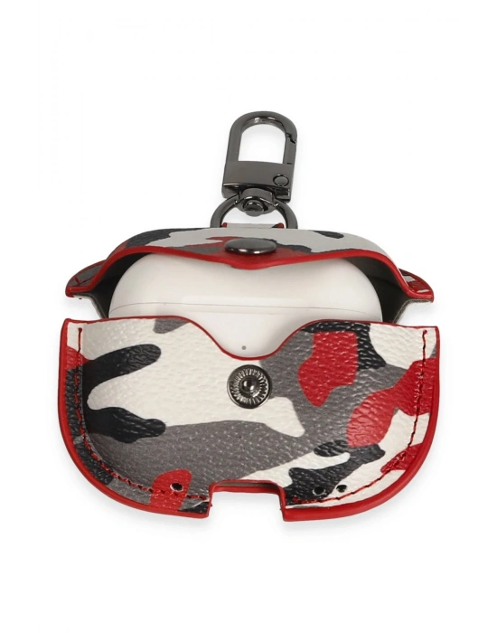 Newface Airpods Pro 2 (2.nesil) Çanta Kamuflaj Deri Kılıf - Kırmızı