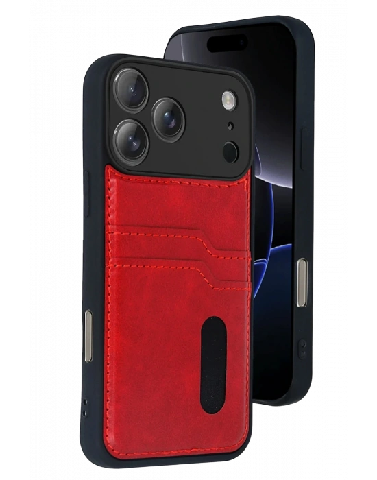 Newface Apple iPhone 17 Pro Max Sara Kartvizitli Deri Kılıf - Kırmızı