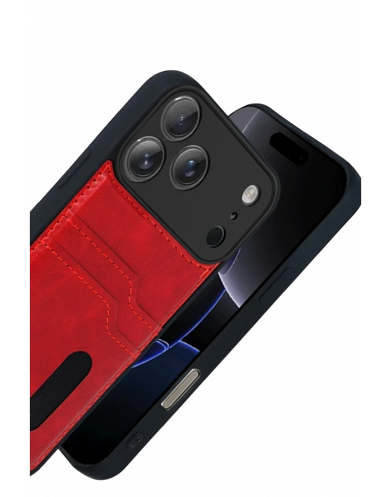 Newface Apple iPhone 17 Pro Max Sara Kartvizitli Deri Kılıf - Kırmızı