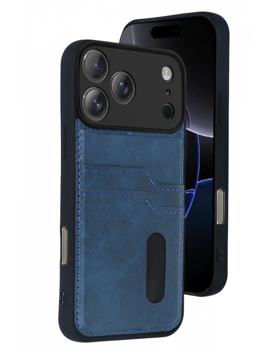 Newface Apple iPhone 17 Pro Max Sara Kartvizitli Deri Kılıf - Lacivert