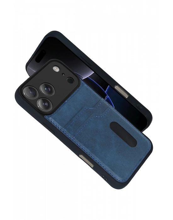 Newface Apple iPhone 17 Pro Max Sara Kartvizitli Deri Kılıf - Lacivert