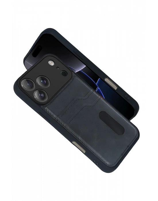 Newface Apple iPhone 17 Pro Max Sara Kartvizitli Deri Kılıf - Siyah