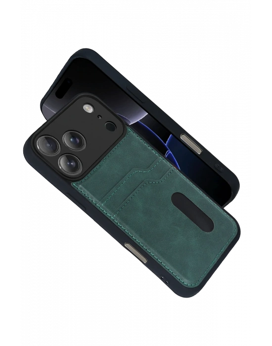 Newface Apple iPhone 17 Pro Max Sara Kartvizitli Deri Kılıf - Yeşil