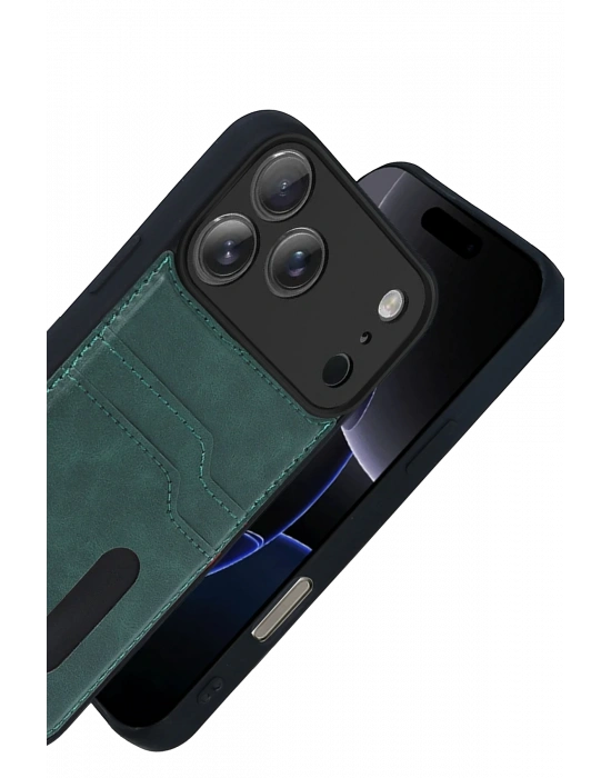 Newface Apple iPhone 17 Pro Max Sara Kartvizitli Deri Kılıf - Yeşil