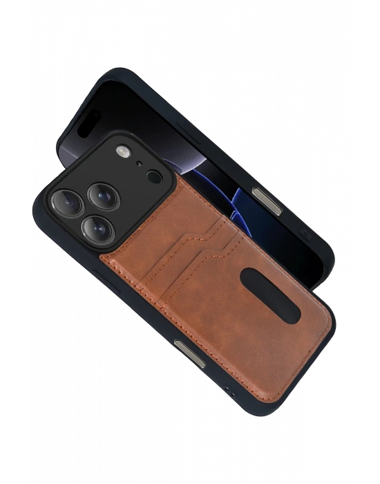 Newface Apple iPhone 17 Pro Sara Kartvizitli Deri Kılıf - Taba