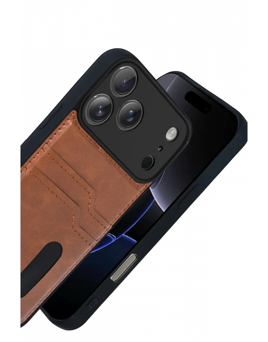 Newface Apple iPhone 17 Pro Sara Kartvizitli Deri Kılıf - Taba