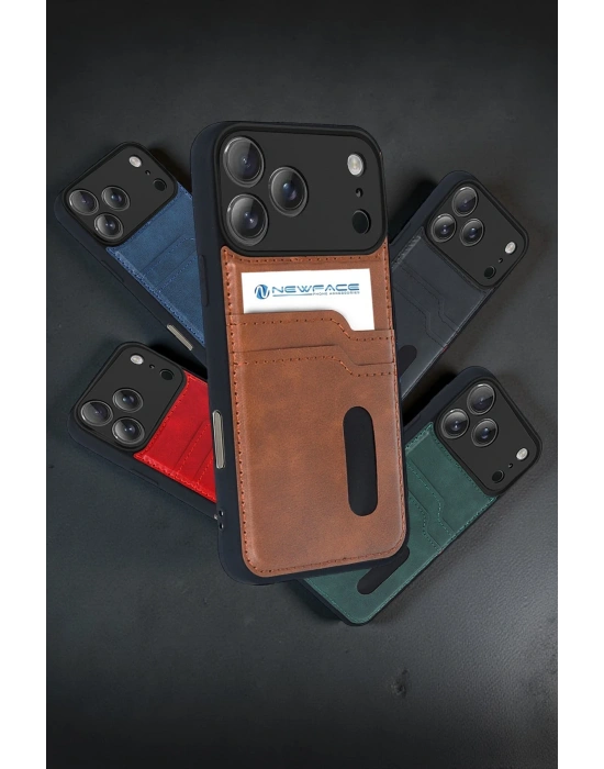 Newface Apple iPhone 17 Pro Sara Kartvizitli Deri Kılıf - Taba