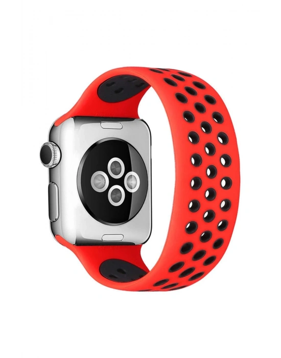 Newface Apple Watch 42mm Ayarlı Delikli Silikon Kordon - Kırmızı-Siyah