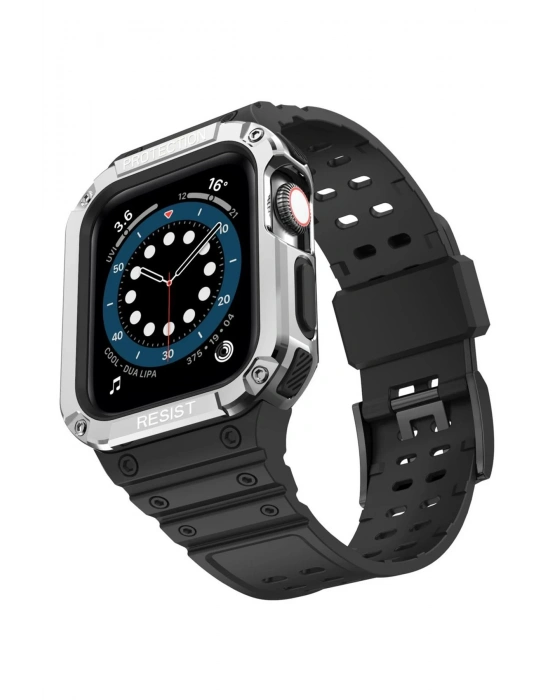 Newface Apple Watch 42mm KR401 Silikon Kordon - Siyah-Gümüş