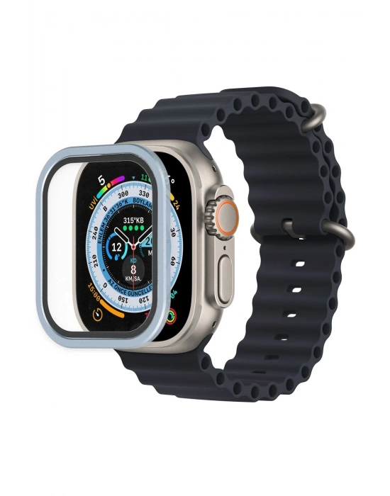 Newface Apple Watch Ultra 49mm Alüminyum Kasa Cam Ekran Koruyucu - Mavi