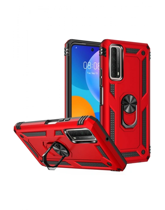 Newface Huawei P Smart 2021 Kılıf Sofya Yüzüklü Silikon Kapak - Kırmızı