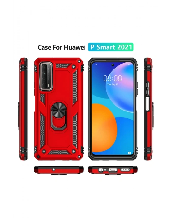 Newface Huawei P Smart 2021 Kılıf Sofya Yüzüklü Silikon Kapak - Kırmızı