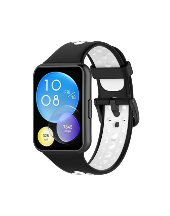 Newface Huawei Watch Fit 2 Spor Delikli Kordon - Siyah-Beyaz