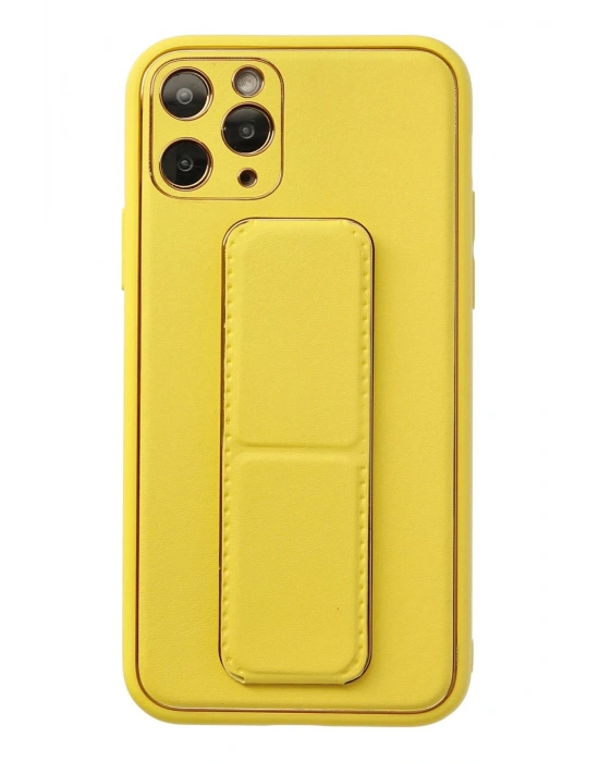Newface iPhone 11 Pro Kılıf Coco Deri Standlı Kapak - Sarı