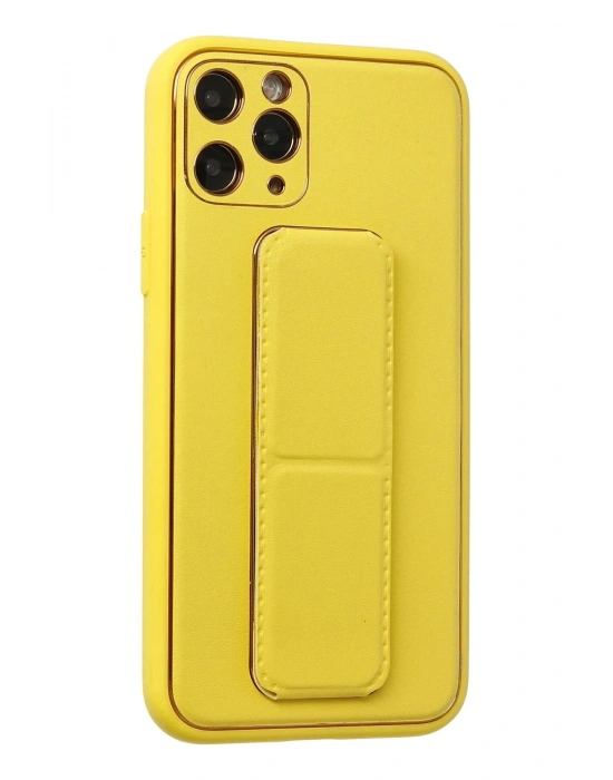 Newface iPhone 11 Pro Kılıf Coco Deri Standlı Kapak - Sarı