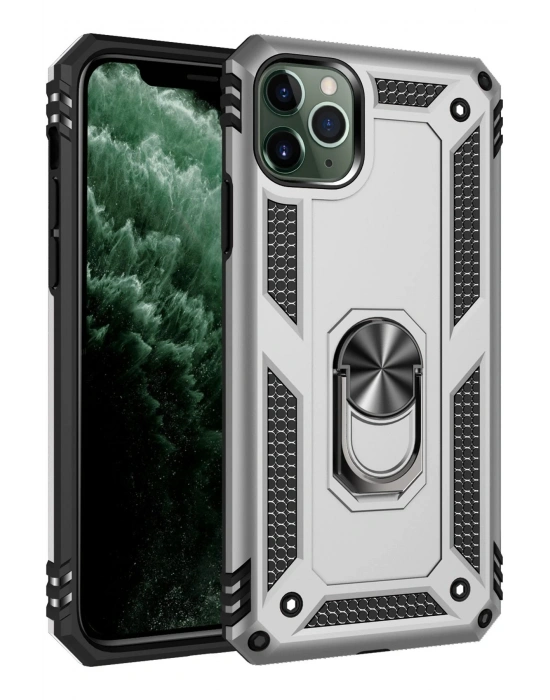 Newface iPhone 11 Pro Kılıf Sofya Yüzüklü Silikon Kapak - Gümüş