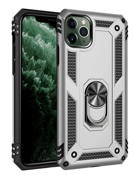 Newface iPhone 11 Pro Max Kılıf Sofya Yüzüklü Silikon Kapak - Gümüş