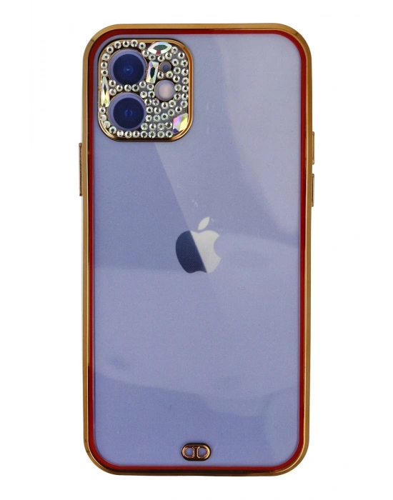 Newface iPhone 12 Kılıf Liva Taşlı Silikon - Kırmızı