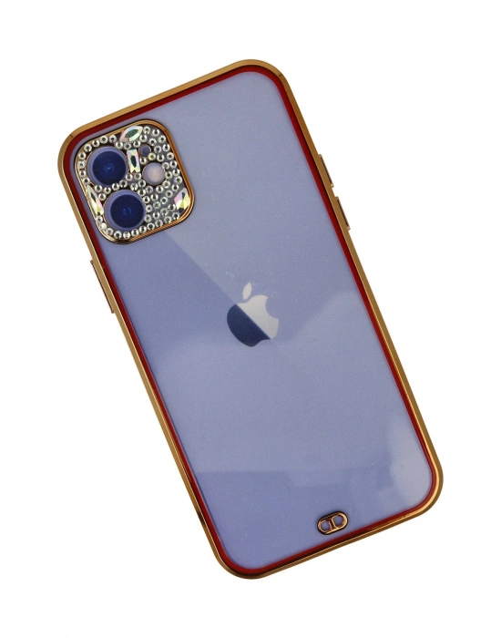 Newface iPhone 12 Kılıf Liva Taşlı Silikon - Kırmızı