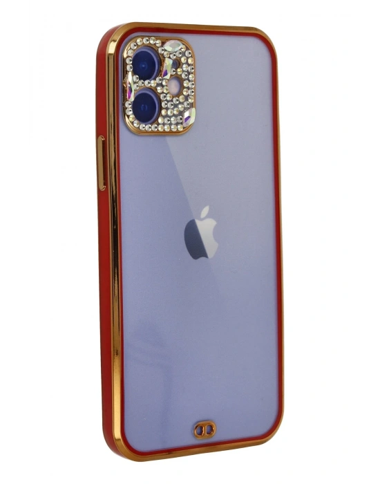 Newface iPhone 12 Kılıf Liva Taşlı Silikon - Kırmızı