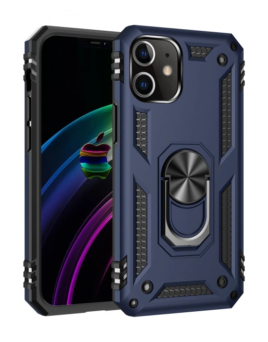 Newface iPhone 12 Kılıf Sofya Yüzüklü Silikon Kapak - Lacivert