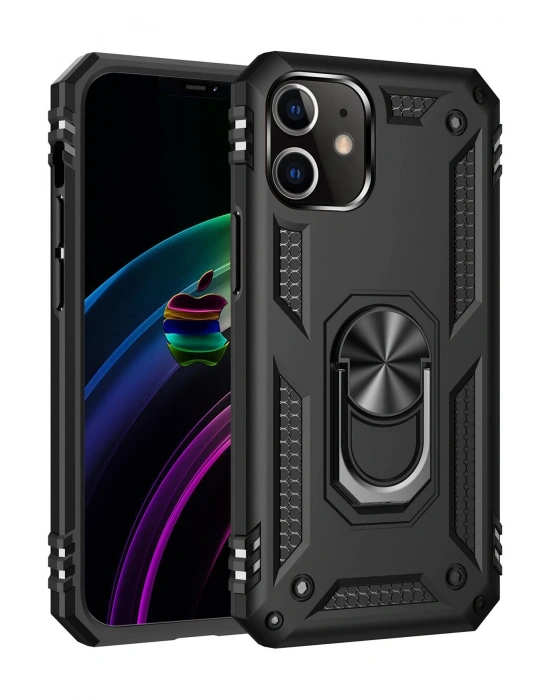 Newface iPhone 12 Kılıf Sofya Yüzüklü Silikon Kapak - Siyah