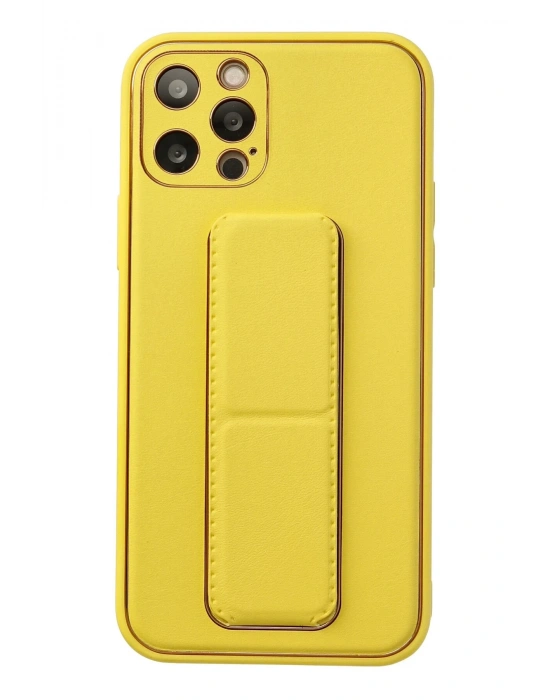 Newface iPhone 12 Pro Kılıf Coco Deri Standlı Kapak - Sarı