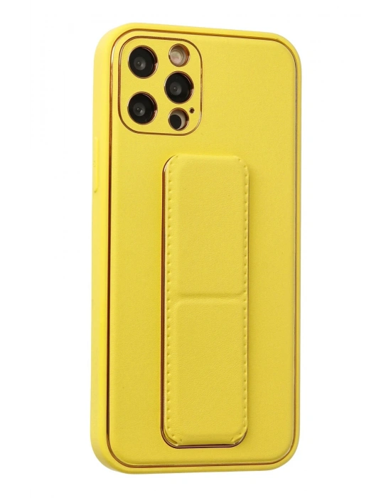 Newface iPhone 12 Pro Kılıf Coco Deri Standlı Kapak - Sarı