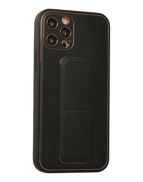 Newface iPhone 12 Pro Kılıf Coco Deri Standlı Kapak - Siyah