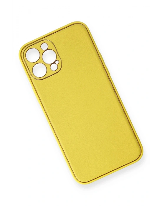 Newface iPhone 12 Pro Max Kılıf Coco Deri Silikon Kapak - Sarı