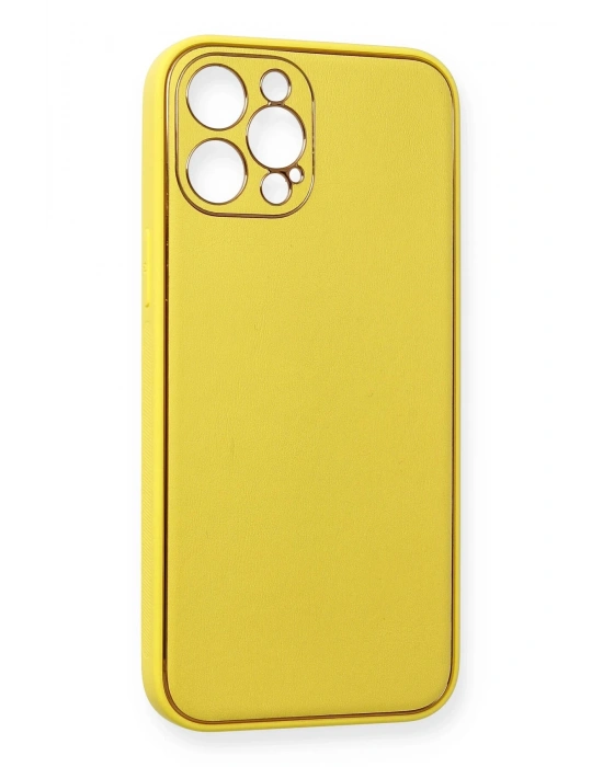 Newface iPhone 12 Pro Max Kılıf Coco Deri Silikon Kapak - Sarı