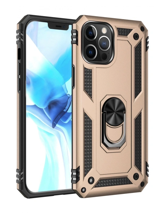 Newface iPhone 12 Pro Max Kılıf Sofya Yüzüklü Silikon Kapak - Gold