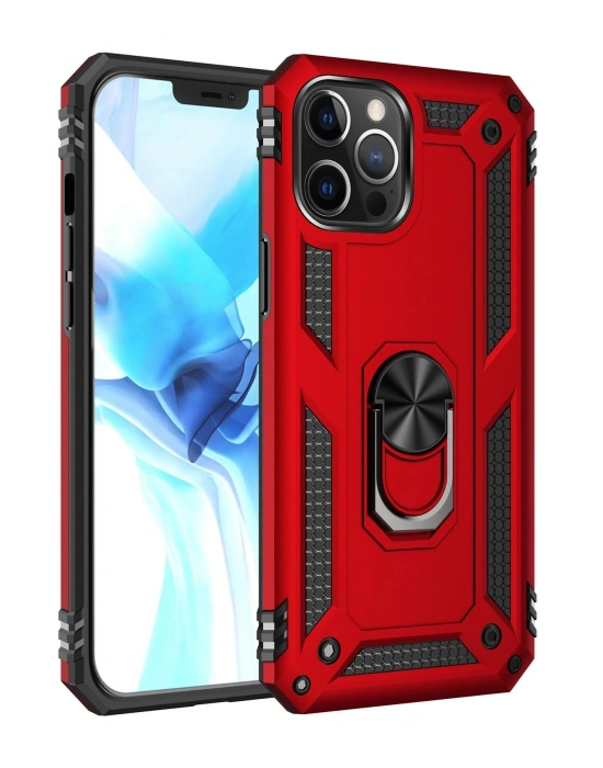 Newface iPhone 12 Pro Max Kılıf Sofya Yüzüklü Silikon Kapak - Kırmızı