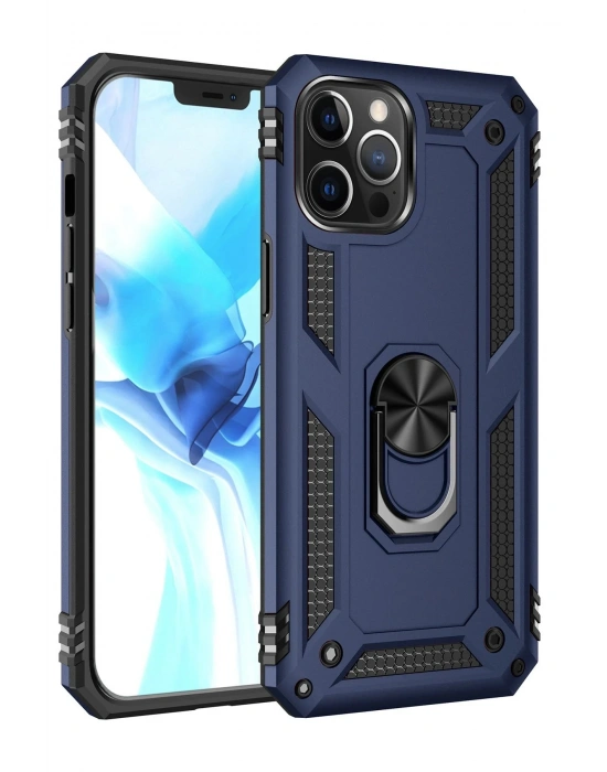 Newface iPhone 12 Pro Max Kılıf Sofya Yüzüklü Silikon Kapak - Lacivert