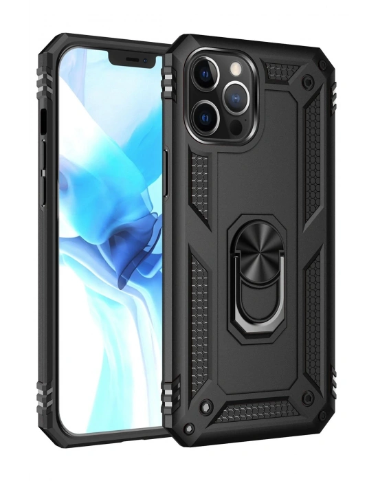 Newface iPhone 12 Pro Max Kılıf Sofya Yüzüklü Silikon Kapak - Siyah