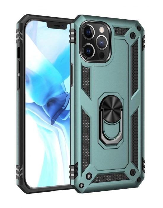 Newface iPhone 12 Pro Max Kılıf Sofya Yüzüklü Silikon Kapak - Yeşil