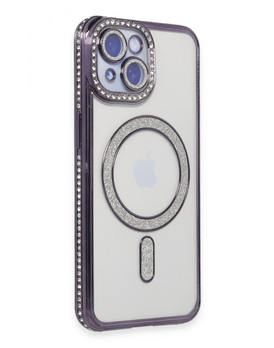 Newface iPhone 14 Kılıf Joke Simli Magneticsafe Kılıf - Derin Mor