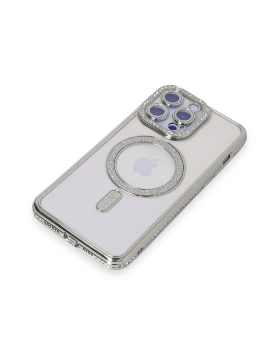 Newface iPhone 14 Pro Max Kılıf Joke Simli Magneticsafe Kılıf - Gümüş