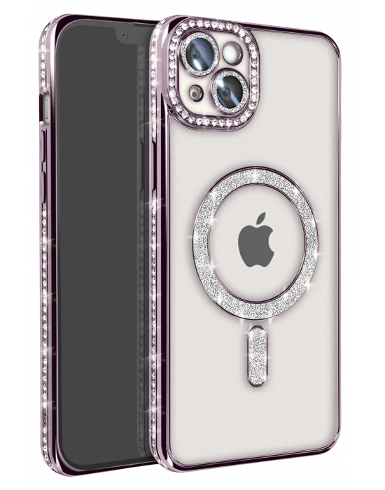 Newface iPhone 15 Kılıf Joke Simli Magneticsafe Kılıf - Derin Mor