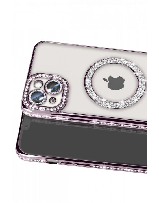 Newface iPhone 15 Kılıf Joke Simli Magneticsafe Kılıf - Derin Mor