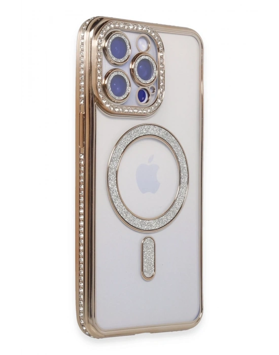 Newface iPhone 15 Pro Max Kılıf Joke Simli Magneticsafe Kılıf - Gold