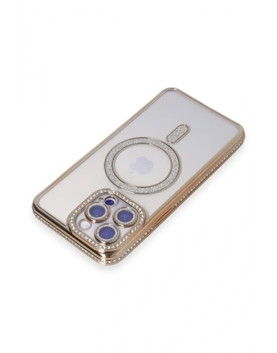 Newface iPhone 15 Pro Max Kılıf Joke Simli Magneticsafe Kılıf - Gold