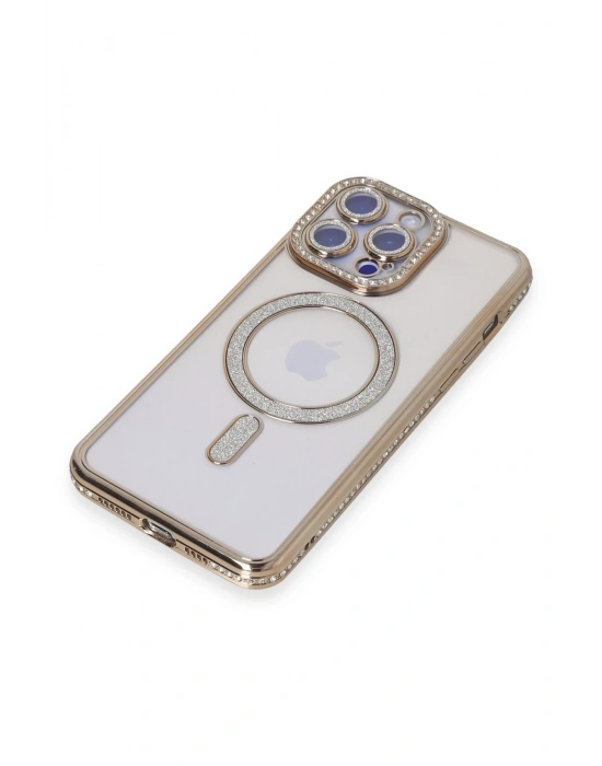 Newface iPhone 15 Pro Max Kılıf Joke Simli Magneticsafe Kılıf - Gold
