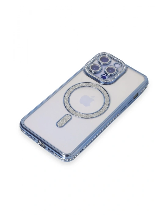 Newface iPhone 15 Pro Max Kılıf Joke Simli Magneticsafe Kılıf - Mavi