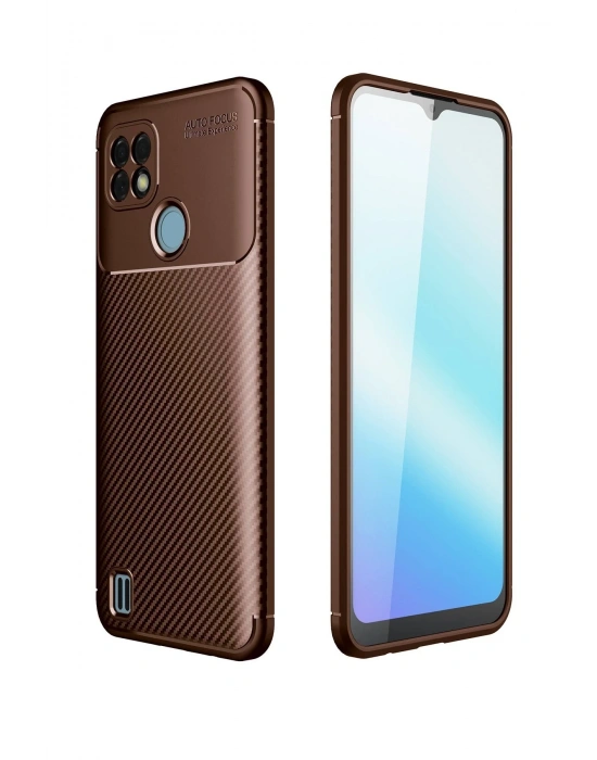 Newface Realme C21 Kılıf Auto Focus Karbon Kapak - Kahverengi