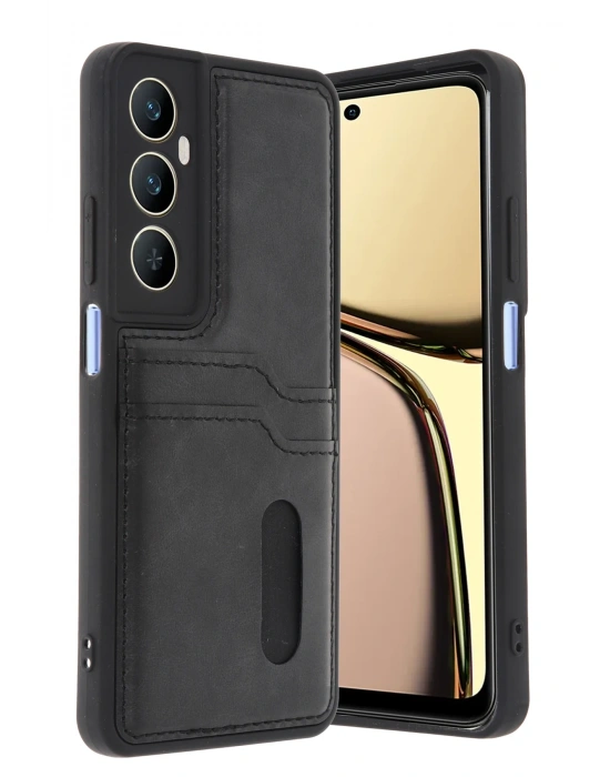 Newface Realme C65 Sara Kartvizitli Deri Kılıf - Siyah