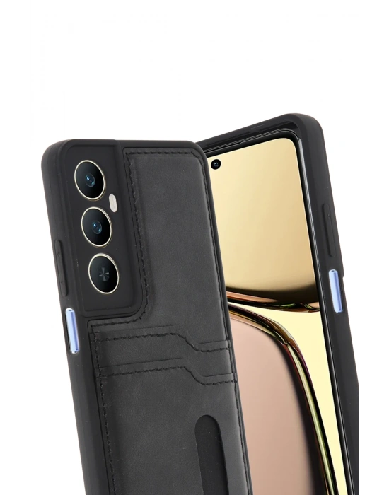Newface Realme C65 Sara Kartvizitli Deri Kılıf - Siyah