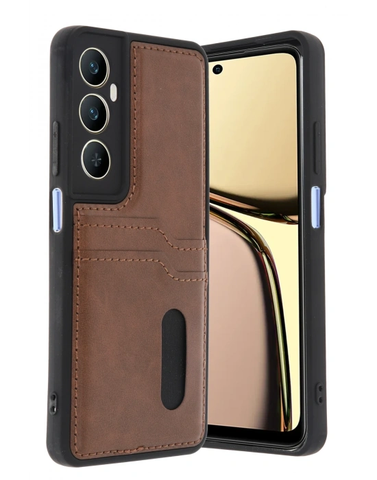 Newface Realme C65 Sara Kartvizitli Deri Kılıf - Taba