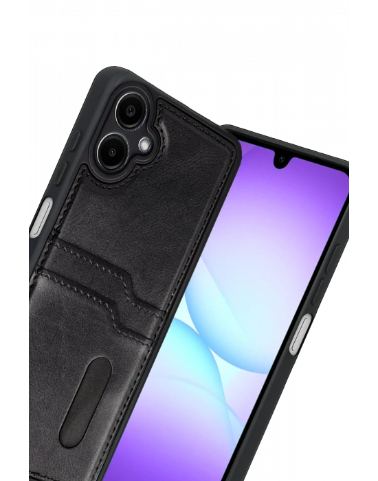 Newface Samsung Galaxy A07 4G Sara Kartvizitli Deri Kılıf - Siyah