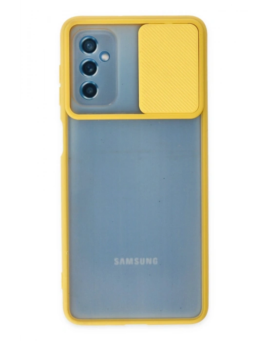 Newface Samsung Galaxy M52 5G Kılıf Palm Buzlu Kamera Sürgülü Silikon - Sarı